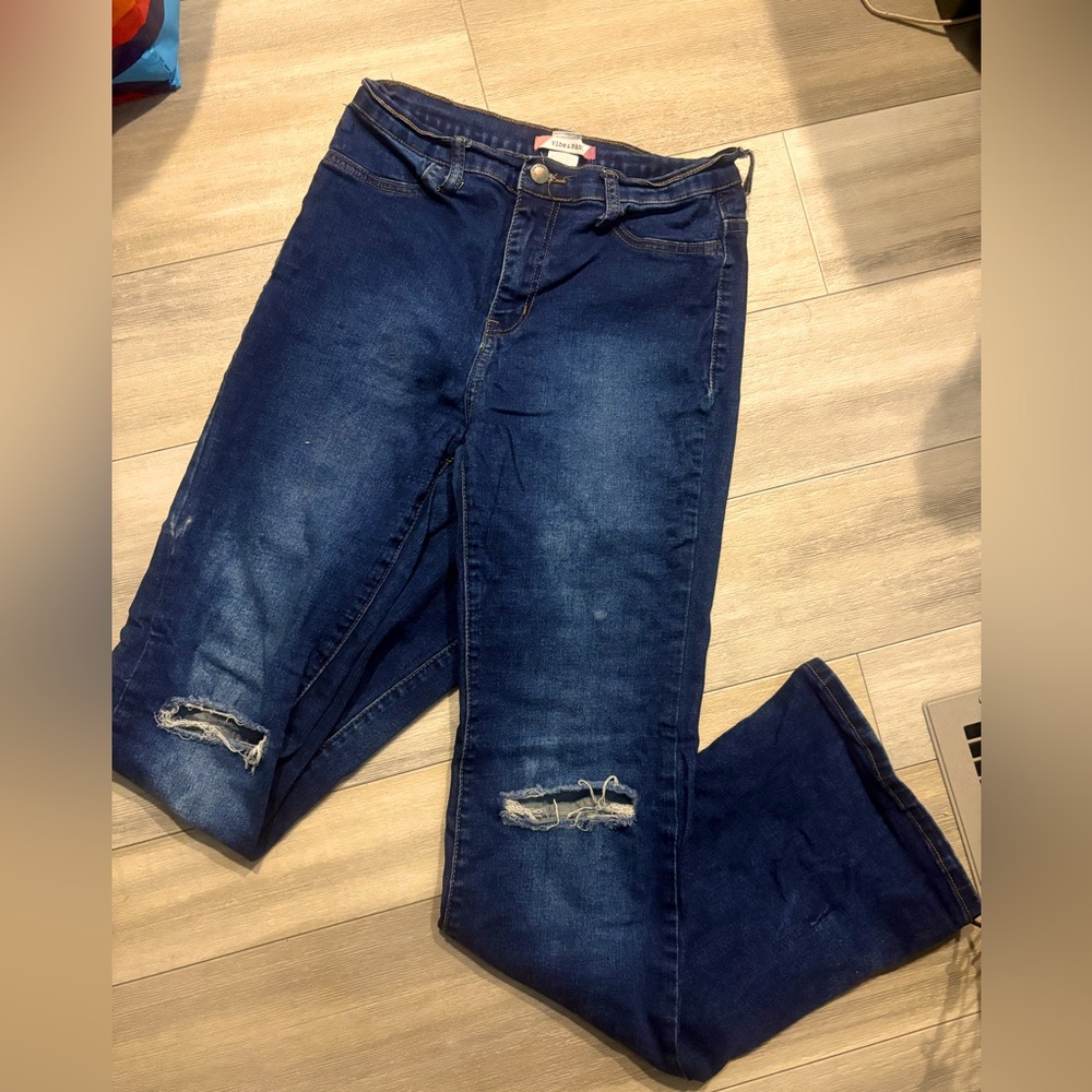 Blue Flare Wide Leg Distressed Jeans